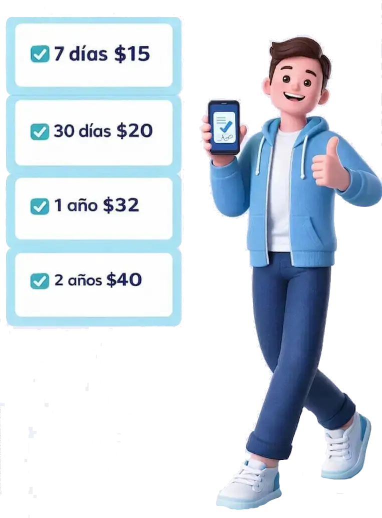 Planes de Firma Electrónica — 7 días $15 · 30 días $20 · 1 año $32 · 2 años $40